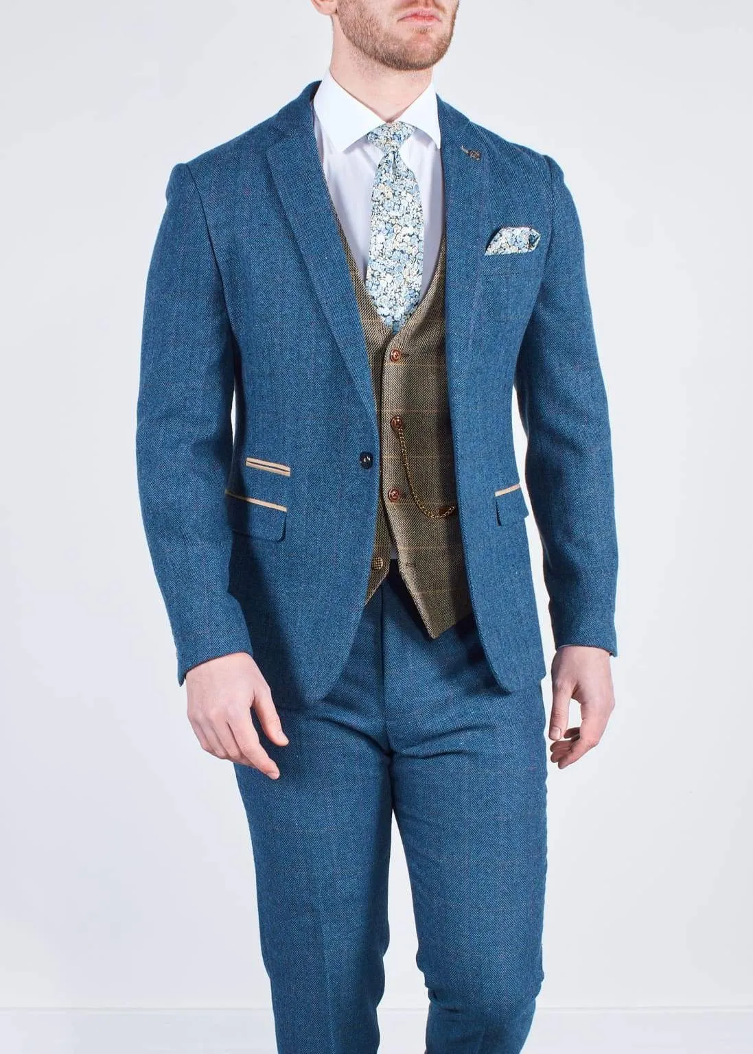 Dion Blue Tweed Wedding Suit 3 Piece with Brown Waistcoat by Marc Darcy