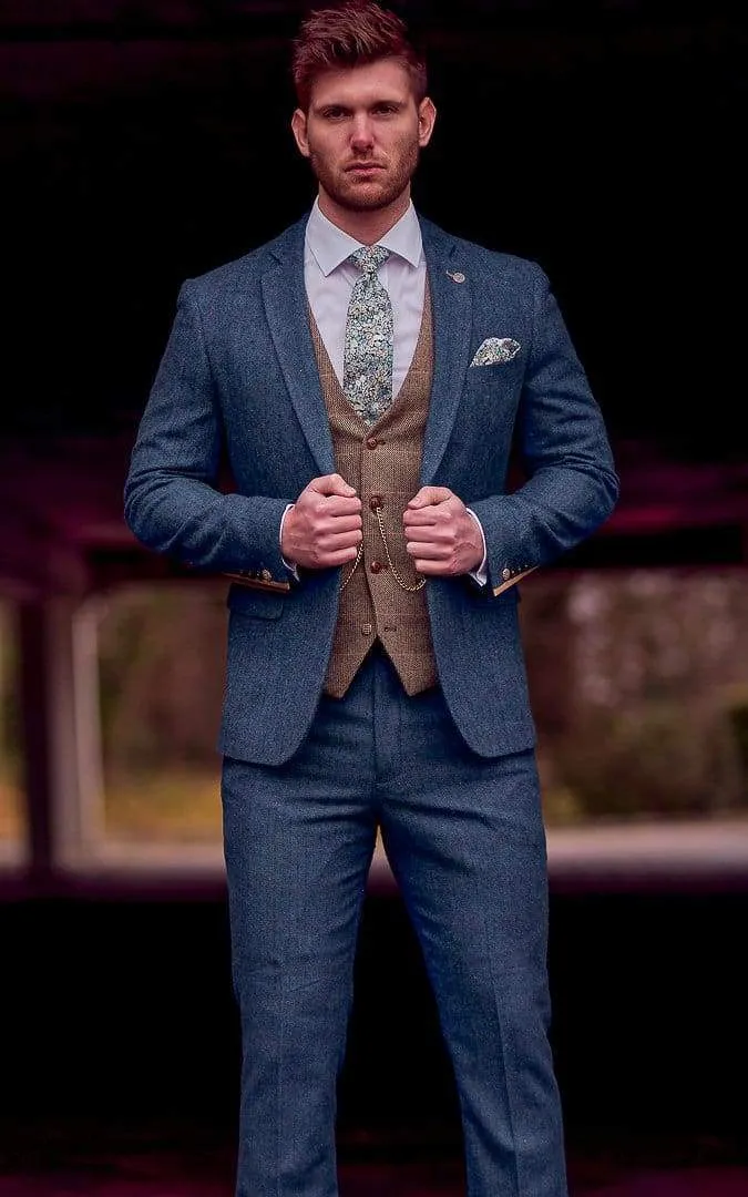 Dion Blue Tweed Wedding Suit 3 Piece with Brown Waistcoat by Marc Darcy