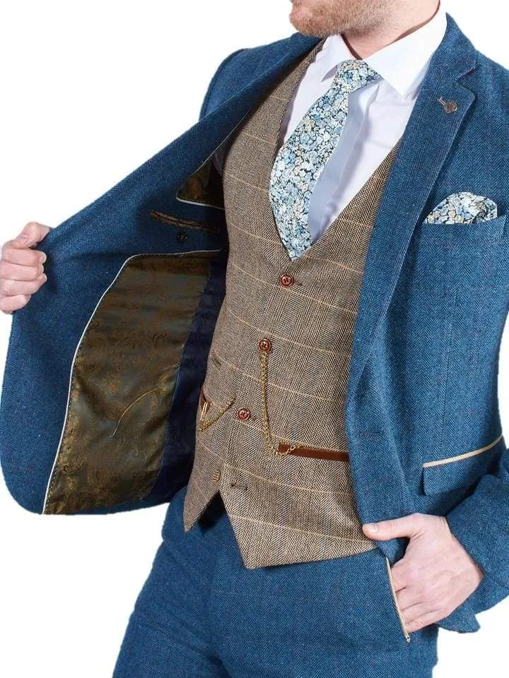 Dion Blue Tweed Wedding Suit 3 Piece with Brown Waistcoat by Marc Darcy