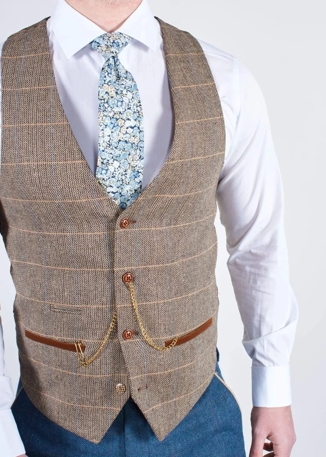 Dion Blue Tweed Wedding Suit 3 Piece with Brown Waistcoat by Marc Darcy