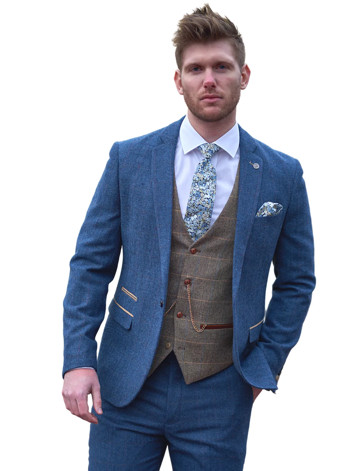 Dion Blue Tweed Wedding Suit 3 Piece with Brown Waistcoat by Marc Darcy