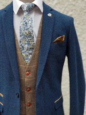 Dion Blue Tweed Wedding Suit 3 Piece with Brown Waistcoat by Marc Darcy