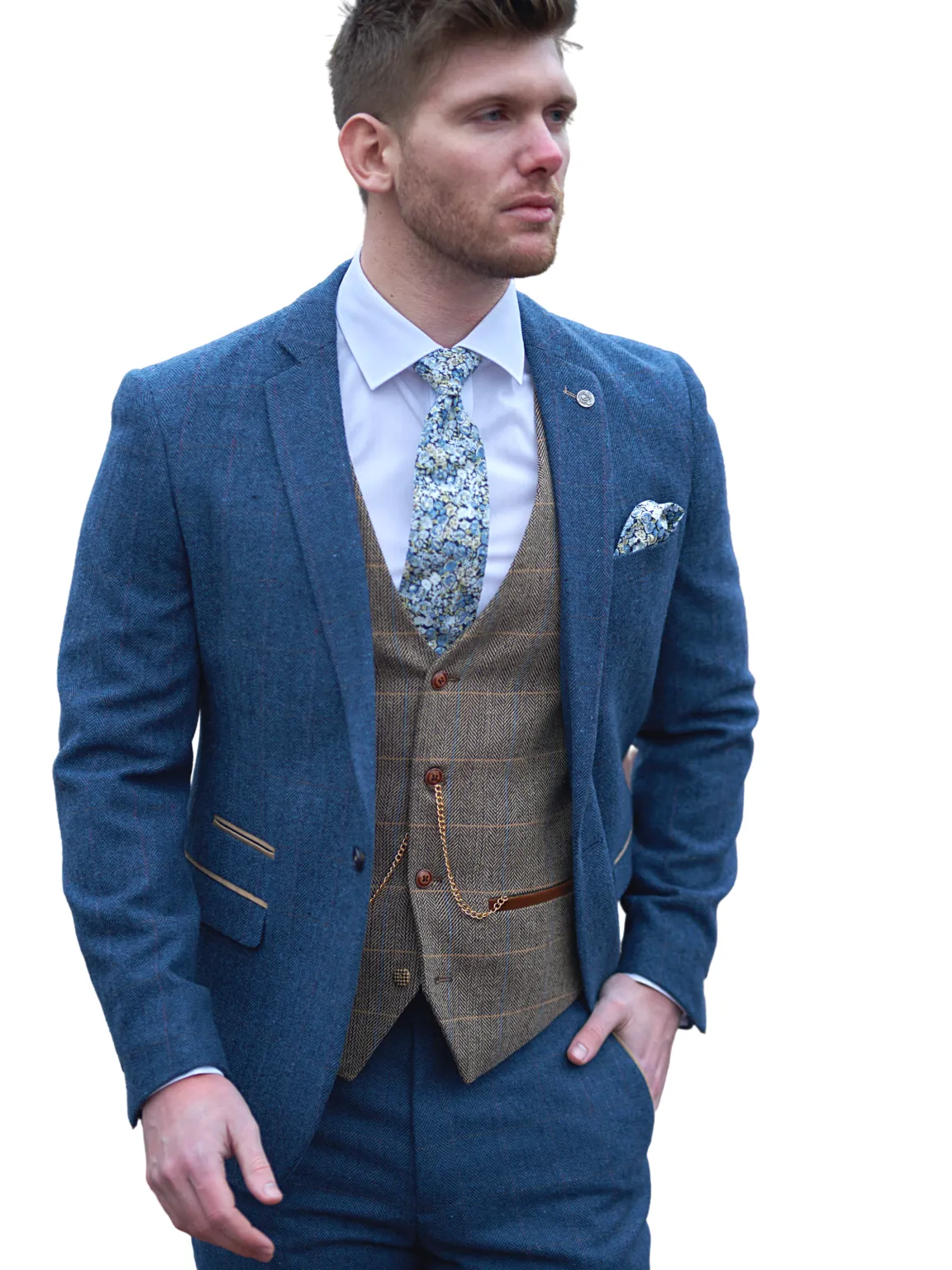 Dion Blue Tweed Wedding Suit 3 Piece with Brown Waistcoat by Marc Darcy