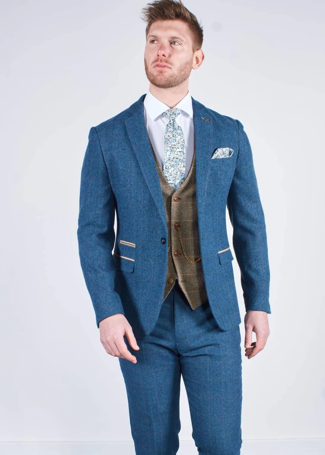 Dion Blue Tweed Wedding Suit 3 Piece with Brown Waistcoat by Marc Darcy