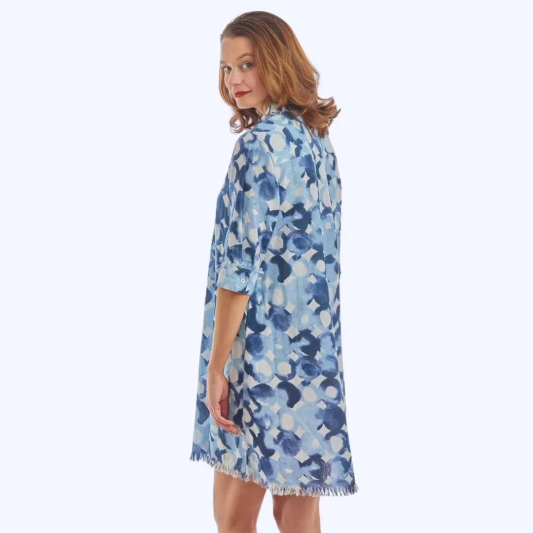 Elbow Sleeve Watercolor Print Dress