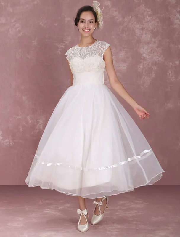 Elegant Net Round Neck Mini Wedding Dress