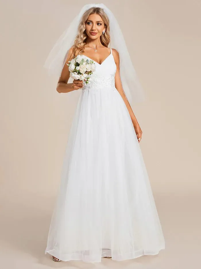 Elegant Spaghetti Straps Appliques Tulle Wedding Dresses