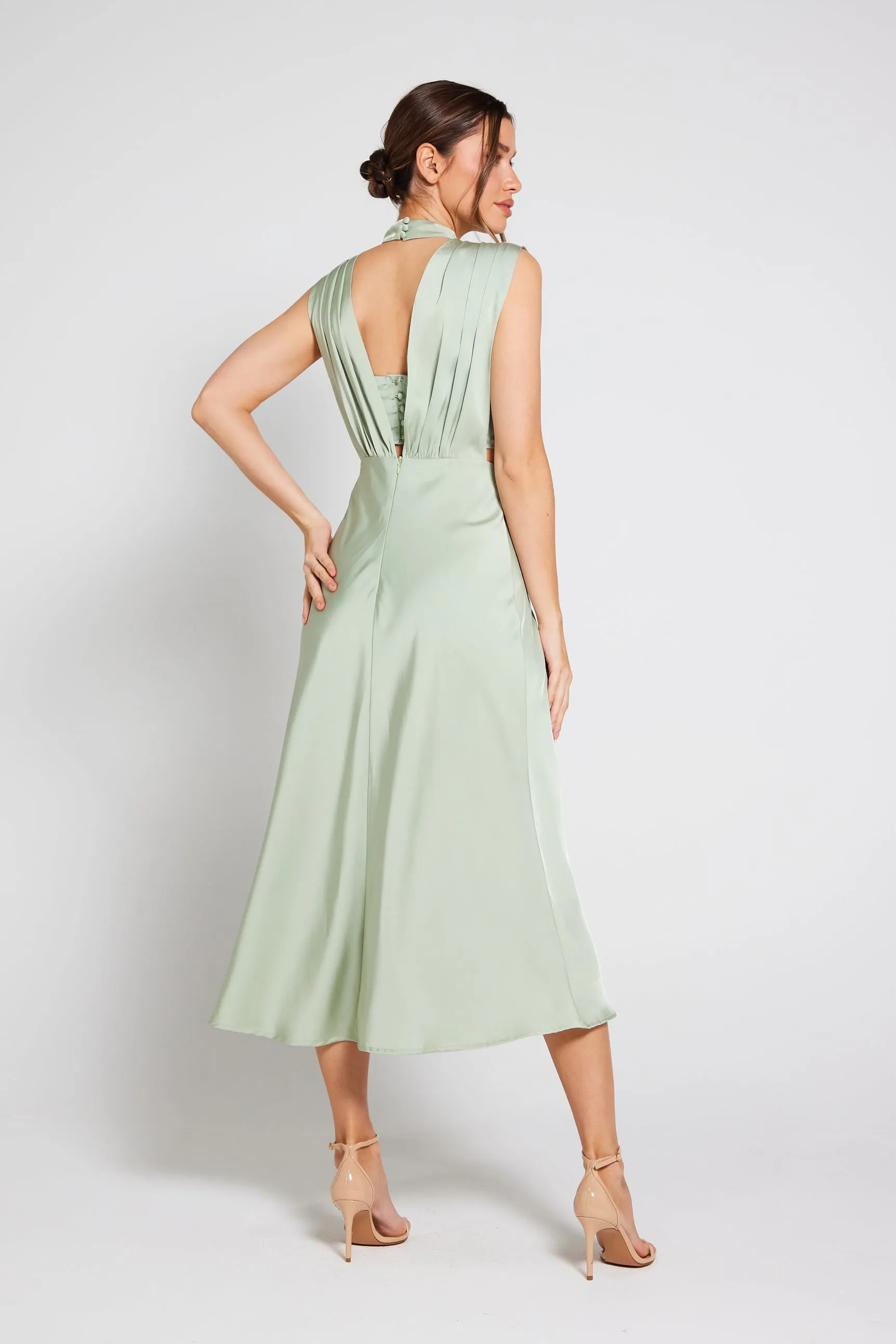 Elle Satin Midi Dress - Sage Green