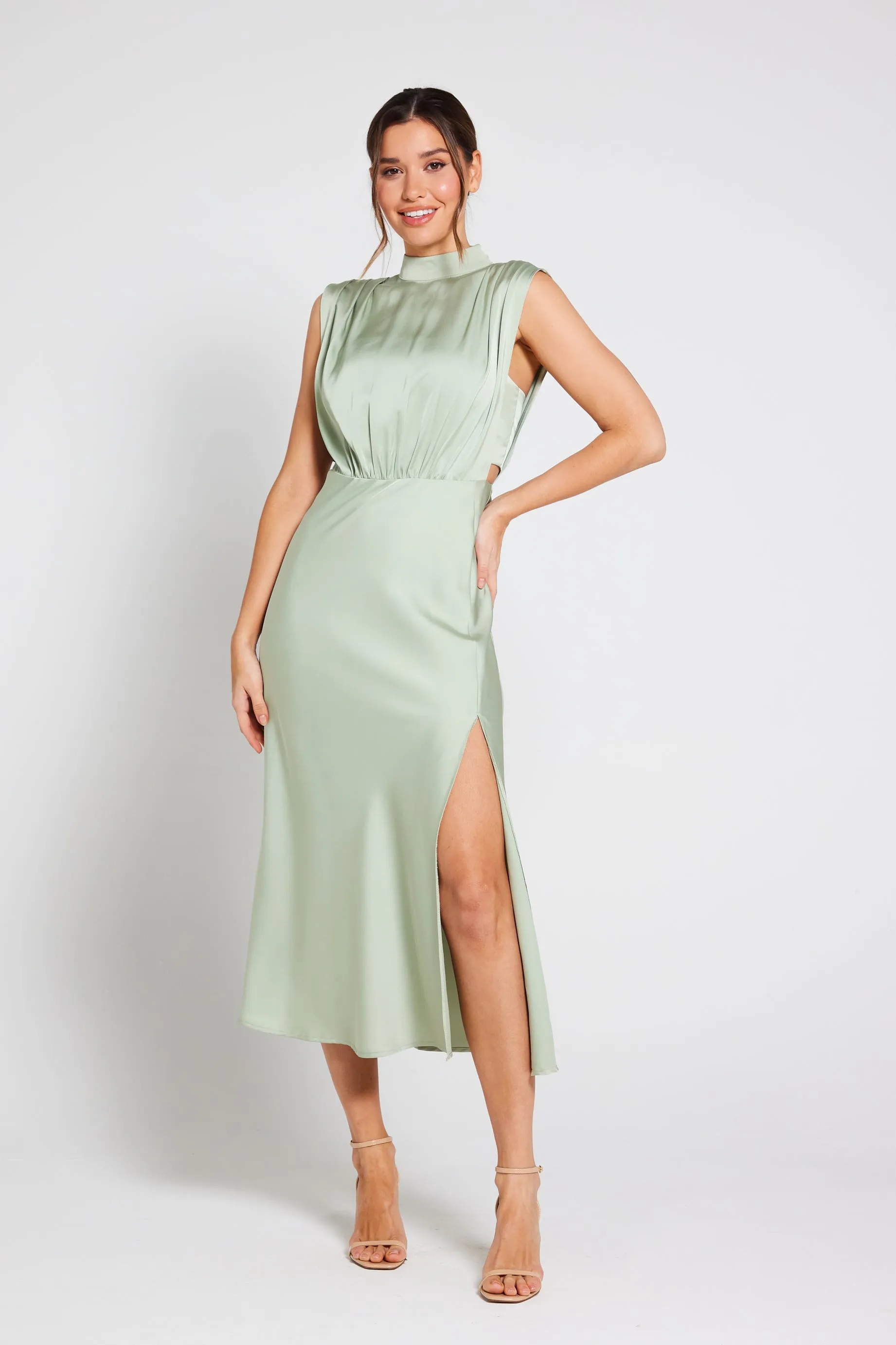 Elle Satin Midi Dress - Sage Green