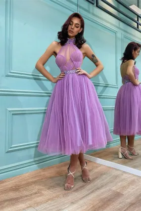 Ethereal Lavender High Neck Tulle Prom Dress - A Dreamy Choice for the Night