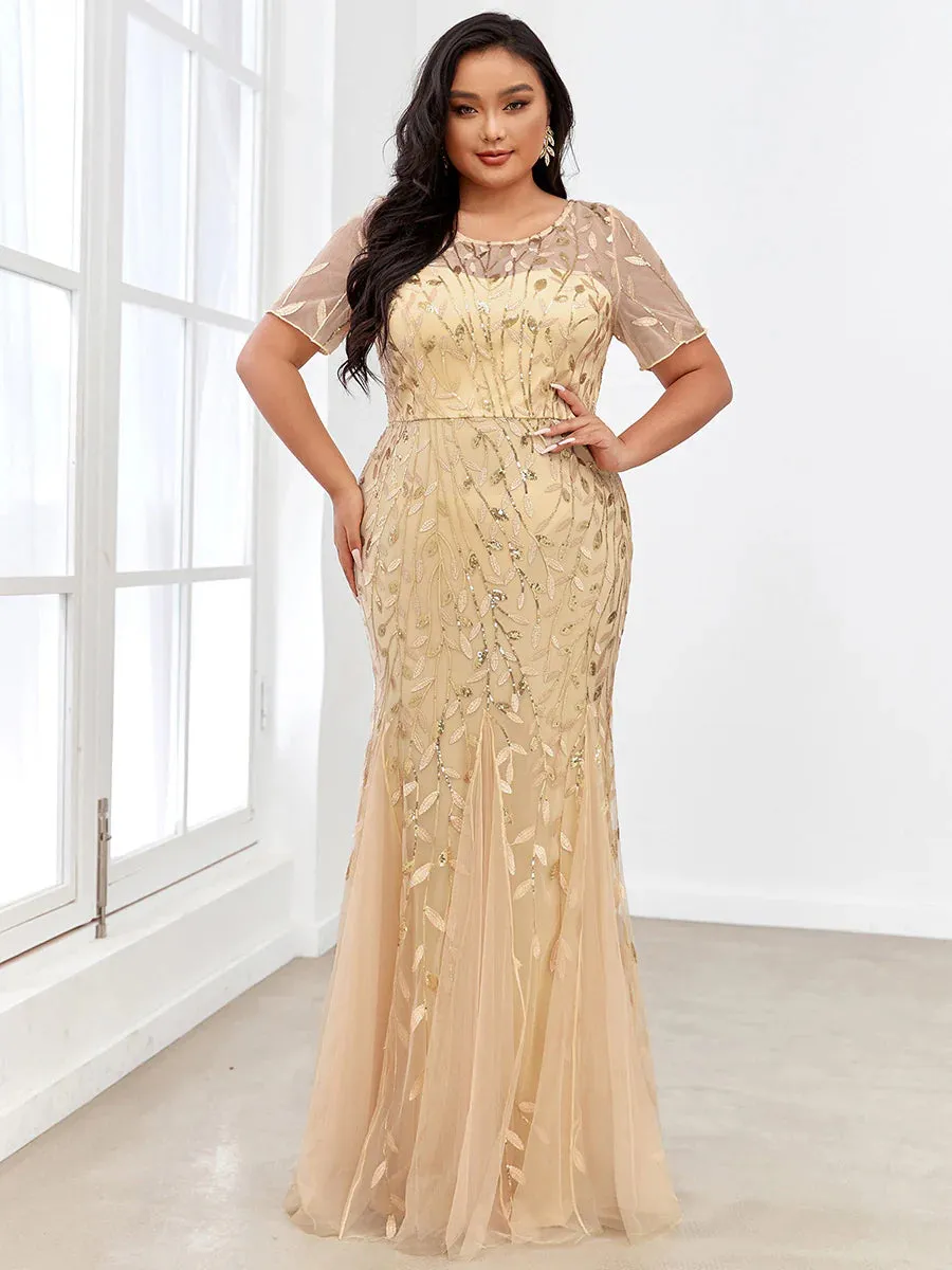 Floral Sequin Print Maxi Long Plus Size Mermaid Tulle Prom Dress