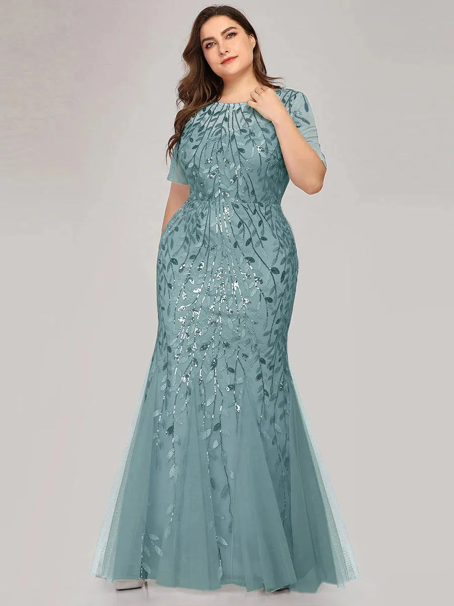 Floral Sequin Print Maxi Long Plus Size Mermaid Tulle Prom Dress