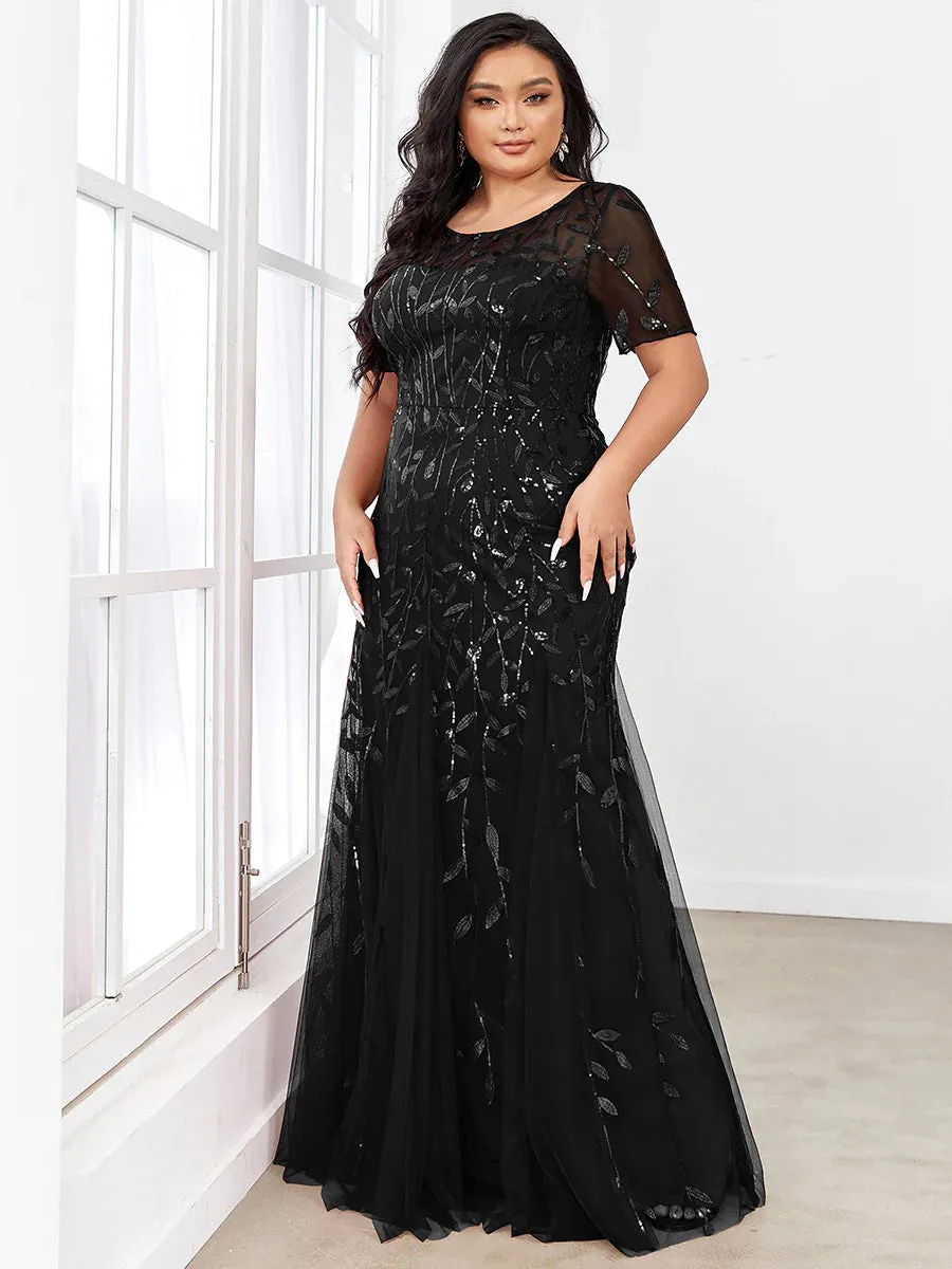 Floral Sequin Print Maxi Long Plus Size Mermaid Tulle Prom Dress