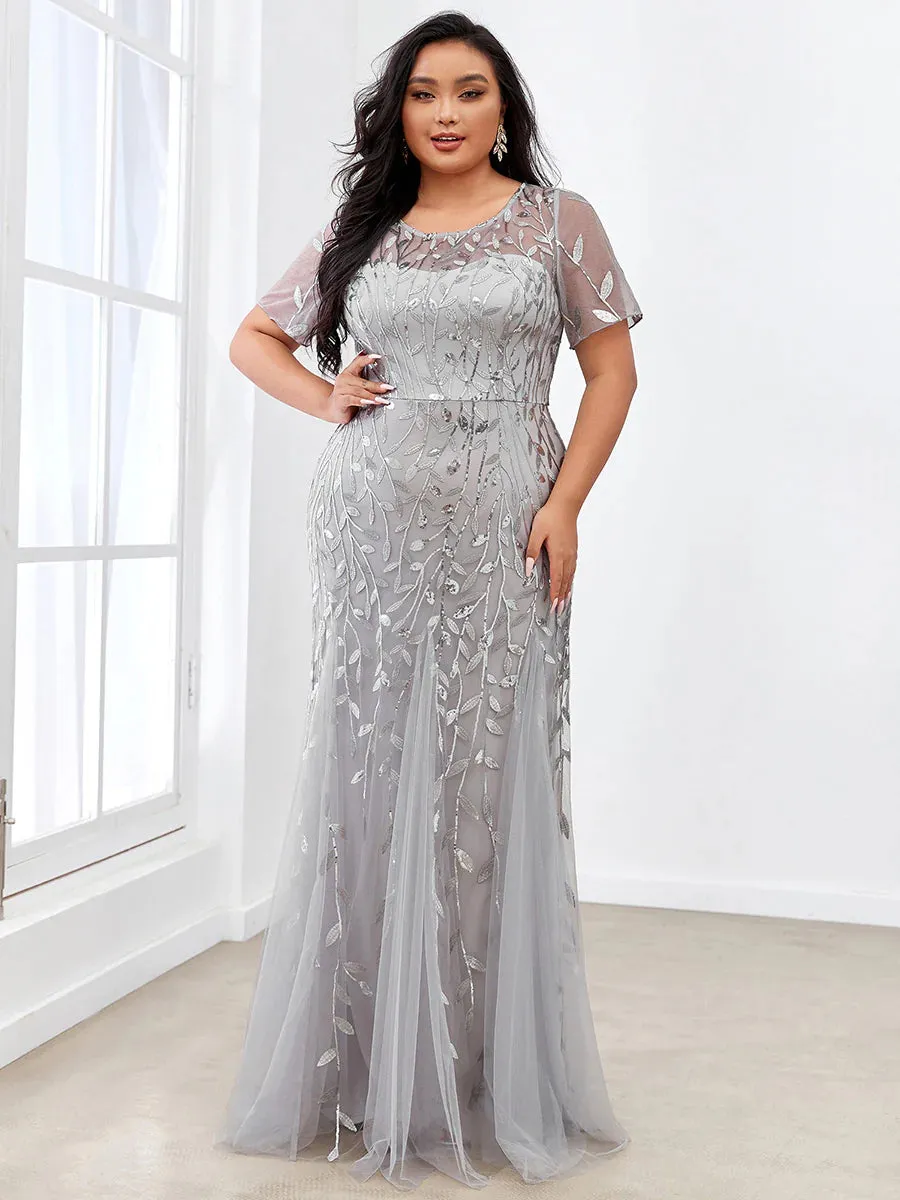 Floral Sequin Print Maxi Long Plus Size Mermaid Tulle Prom Dress