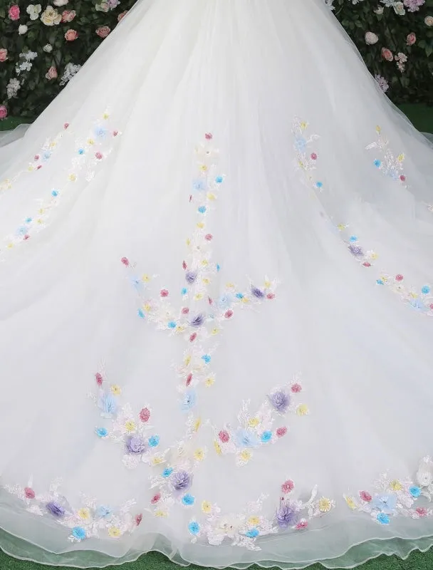 Flowers Quinceanera Dresses White Luxury Off The Shoulder Rhinestones Beading Short Sleeve Women'S Pageant Dresses With Train