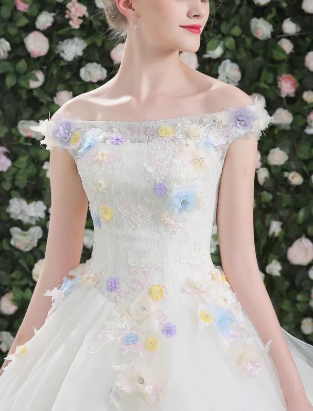 Flowers Quinceanera Dresses White Luxury Off The Shoulder Rhinestones Beading Short Sleeve Women'S Pageant Dresses With Train