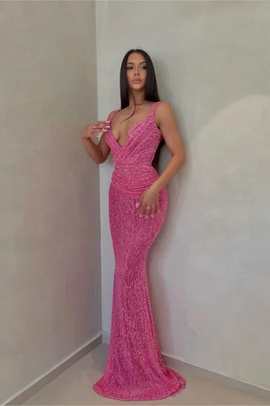 Glamorous Pink Sequin Mermaid Prom Dress with V-Neck and Sleeveless Design