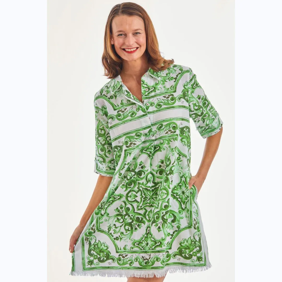 Green & White Tile Print Dress