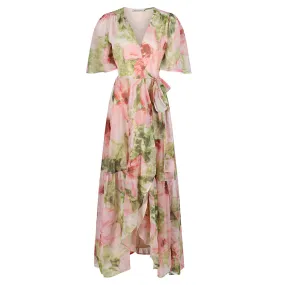 Hope & Ivy Pink & Green Floral Print Flutter Sleeve Maxi Wrap Dress