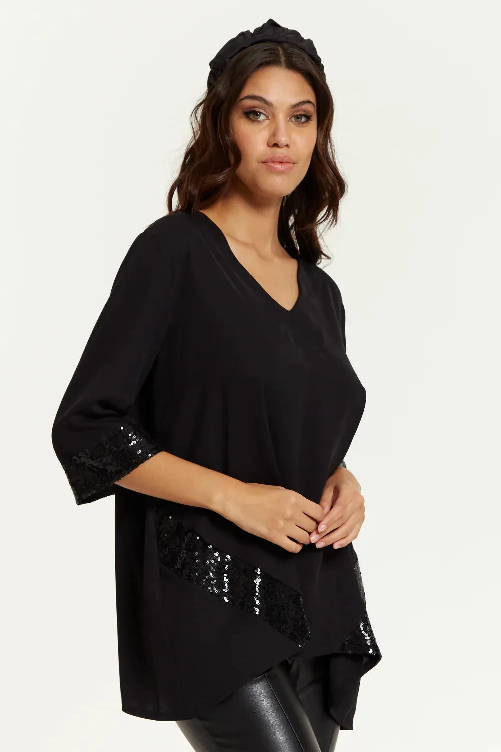 Hoxton Gal Oversized V Neck Sequin Detailed Satin Top