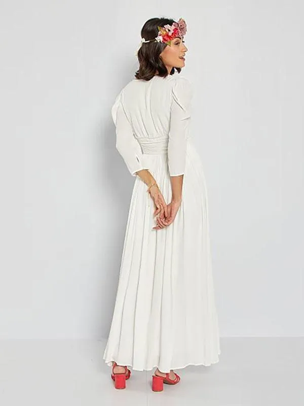 Ivory Simple Wedding Dress A-Line V-Neck Long Sleeves Pleated Floor-Length Chiffon Bridal Dresses