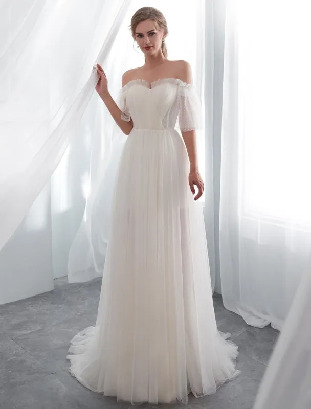 Ivory Wedding Dresses Off Shoulder Half Sleeve Tulle Beach Bridal Dress With Train