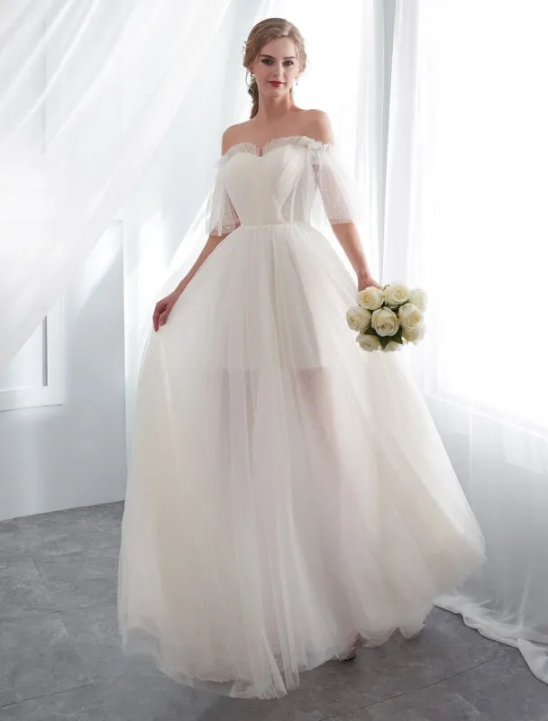 Ivory Wedding Dresses Off Shoulder Half Sleeve Tulle Beach Bridal Dress With Train