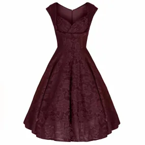 Jolie Moi Wine Red Embroidered Lace Sweetheart Neck 50s Swing Dress