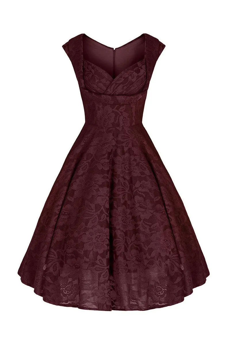 Jolie Moi Wine Red Embroidered Lace Sweetheart Neck 50s Swing Dress