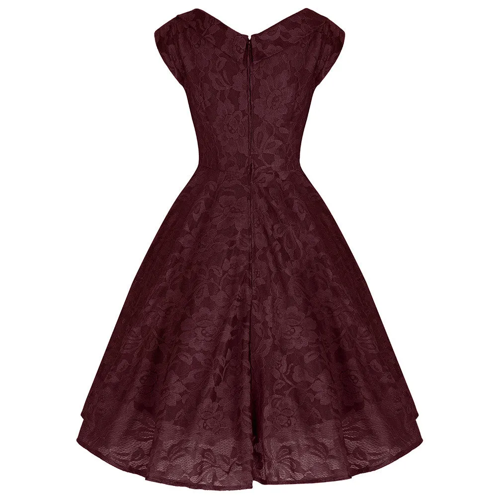 Jolie Moi Wine Red Embroidered Lace Sweetheart Neck 50s Swing Dress