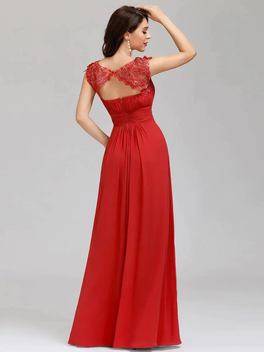 Lace Neckline Open Back Ruched Bust Plus Size Evening Dresses