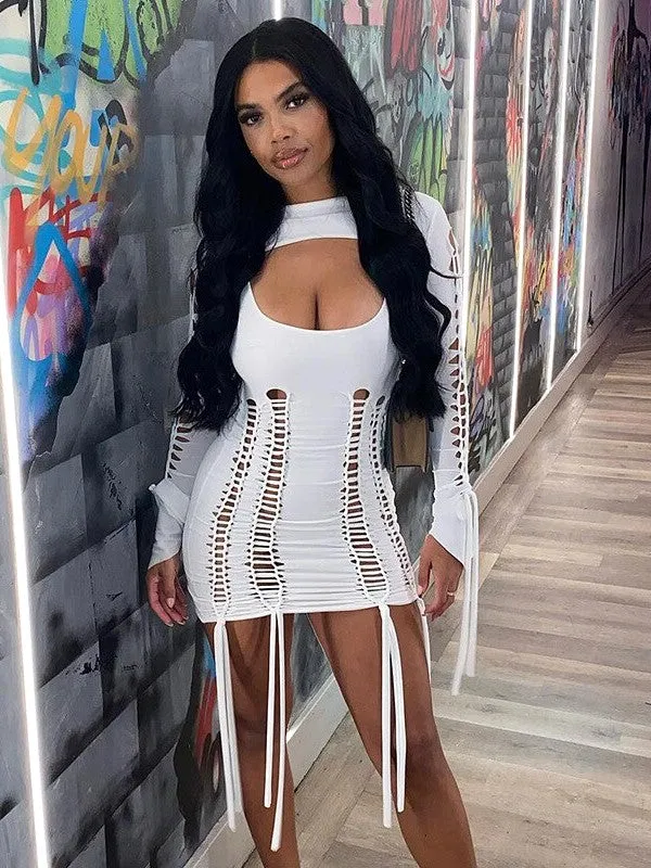 Lace Up Bodycon Long Sleeve Bandage Mini Dress