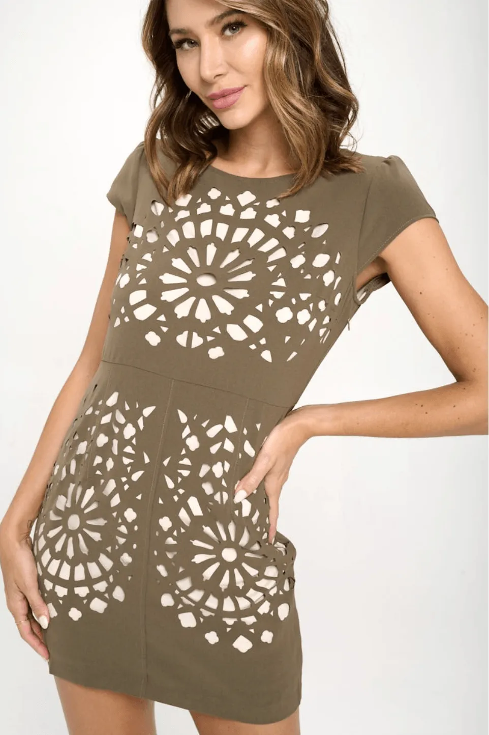 Laser Cut Mini Dress - Olive Green