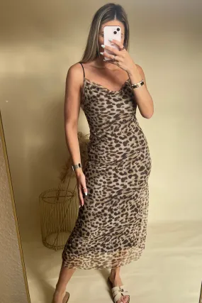 Leopard print cowl neck midi dress