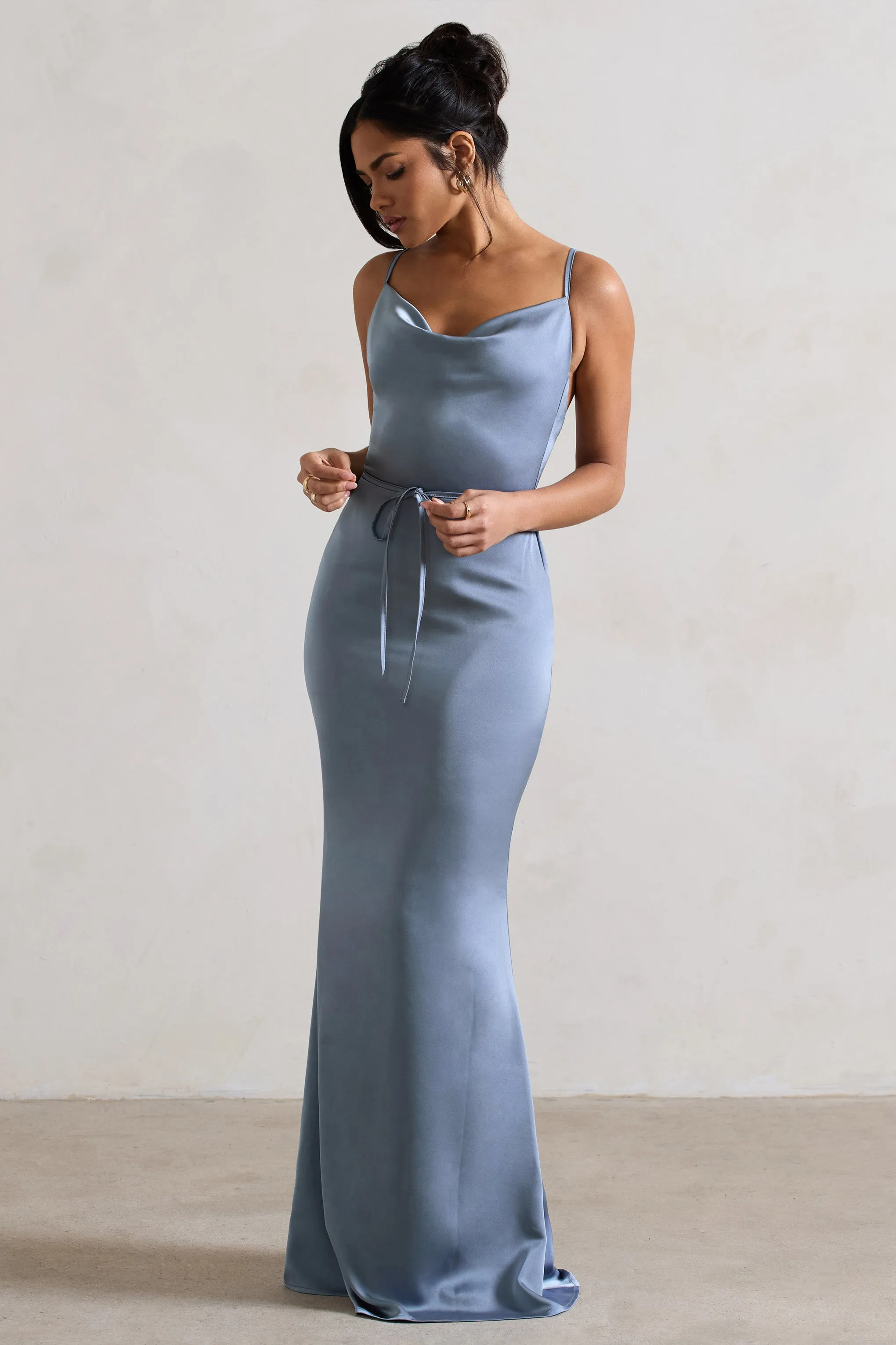 Lifetime | Slate Blue Satin Cowl Neck Maxi Dress With Cross Back Detail