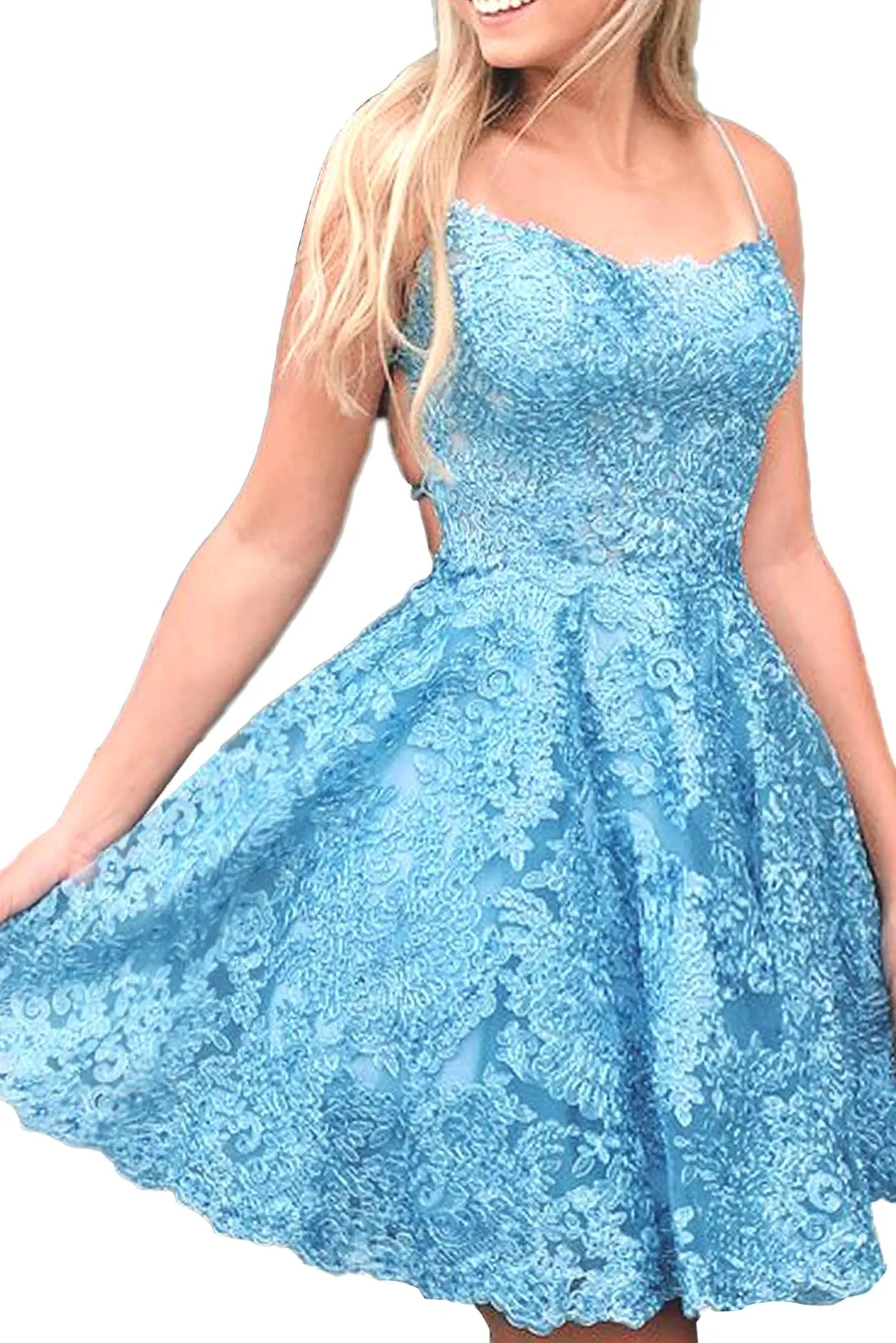 Light Blue Spaghetti Straps Backless Lace Short Homecoming Dresses