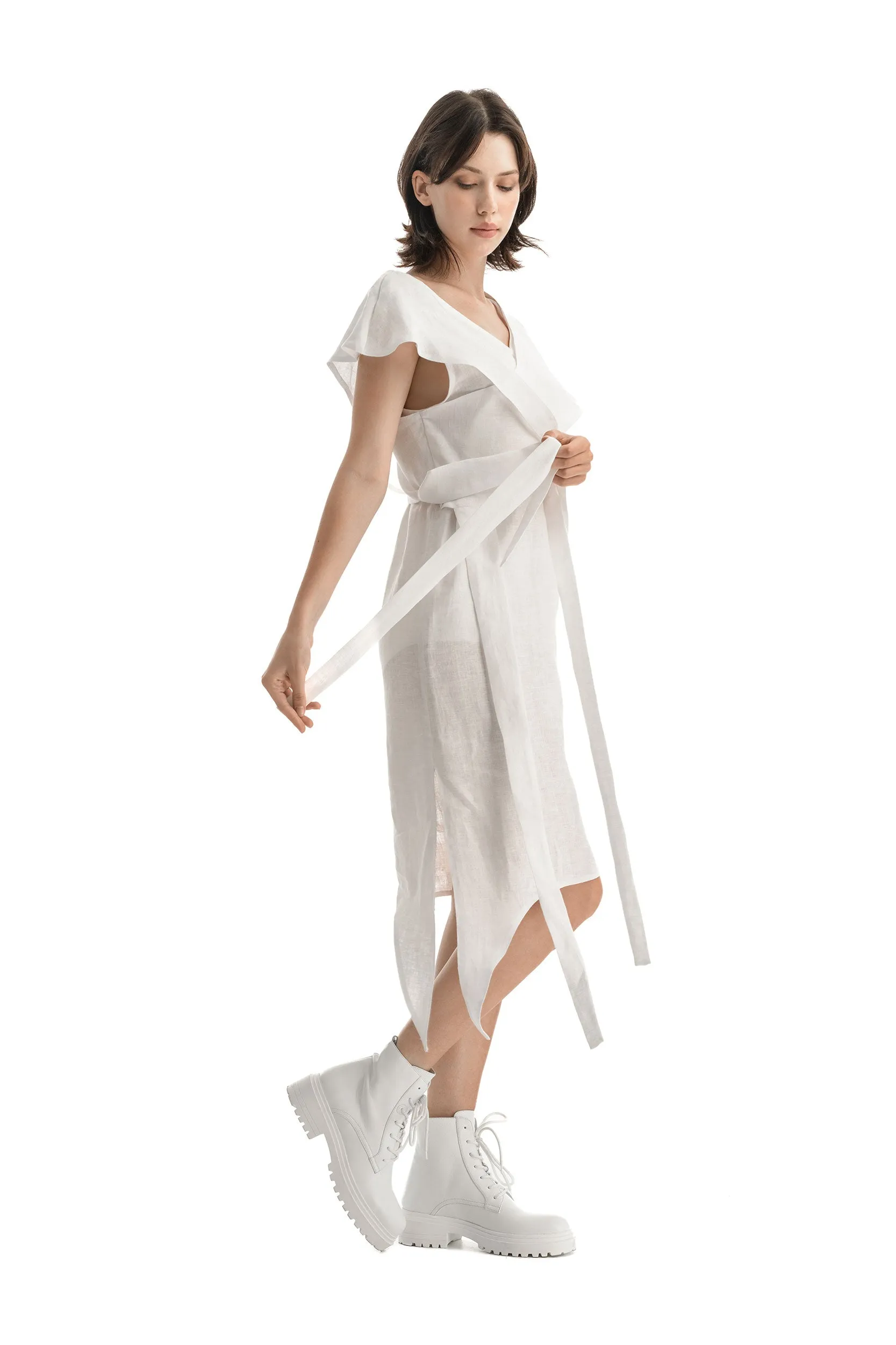 Linen White Asymmetric Dress