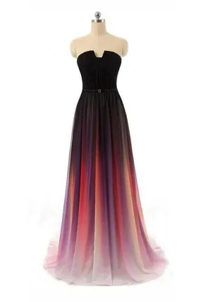 Long Sexy Gradient Ombre Sleeveless Black Navy Blue Chiffon A-Line Prom Dresses