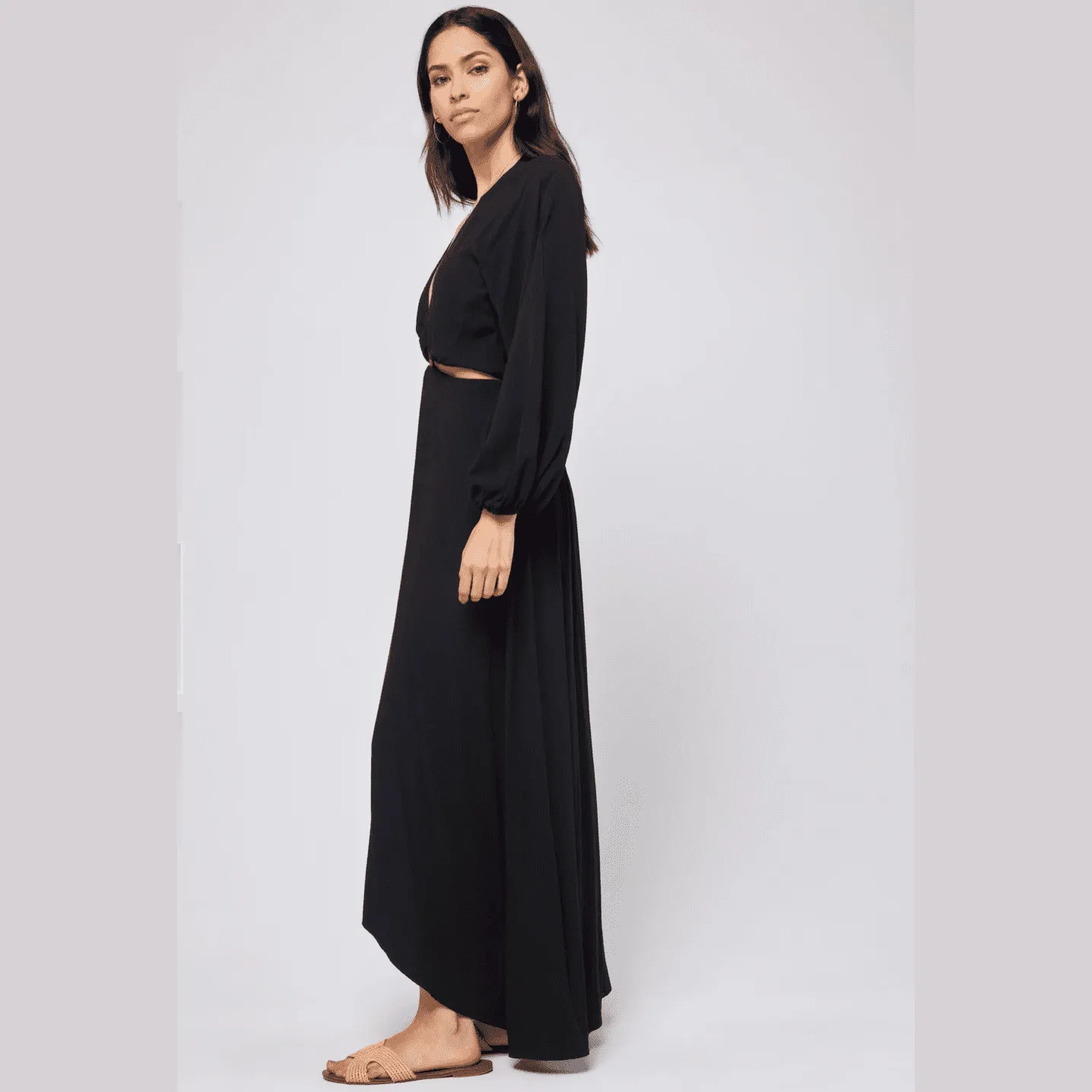 L*SPACE COLETTE Black Elastic Cuffs Hi-Low Hem Maxi Dress