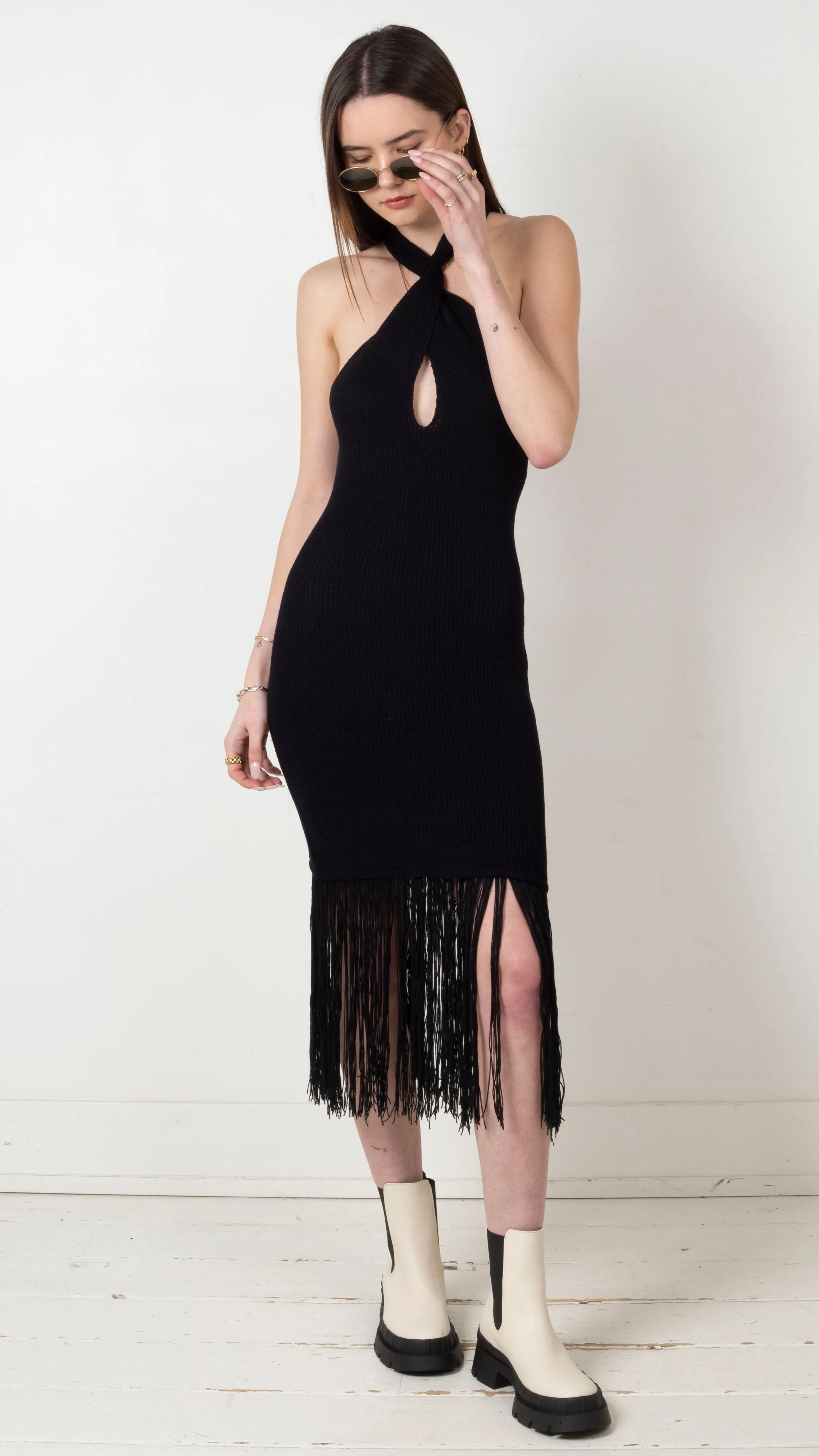 Maya Knit Fringe Midi - Black