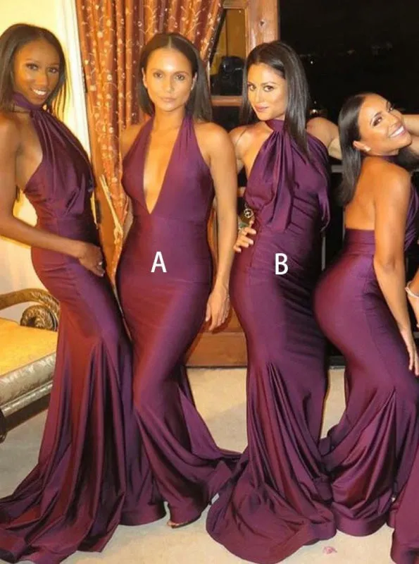 Mermaid V-Neck Sweep Train Burgundy Satin Bridesmaid Dress