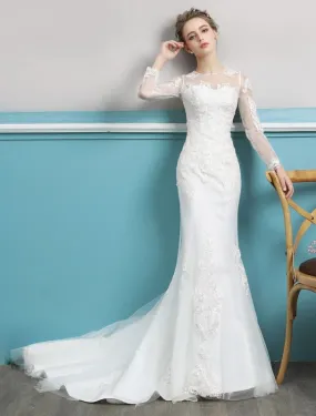 Mermaid Wedding Dresses Long Sleeve Ivory Lace Illusion Train Bridal Gowns