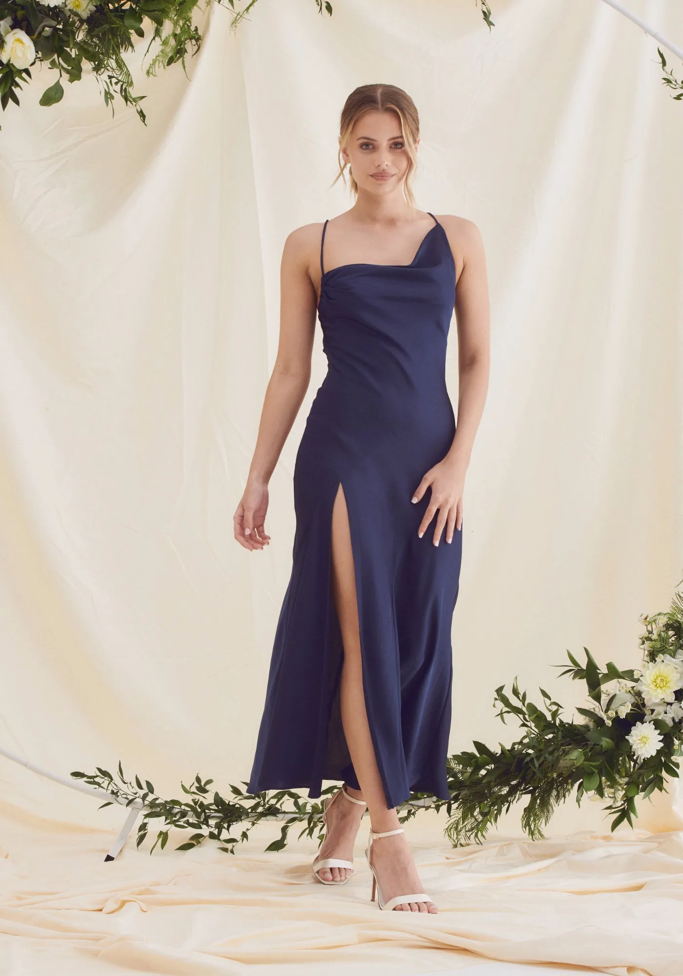 Mila Asymmetric Cowl Neck Satin Slip Dress - Navy