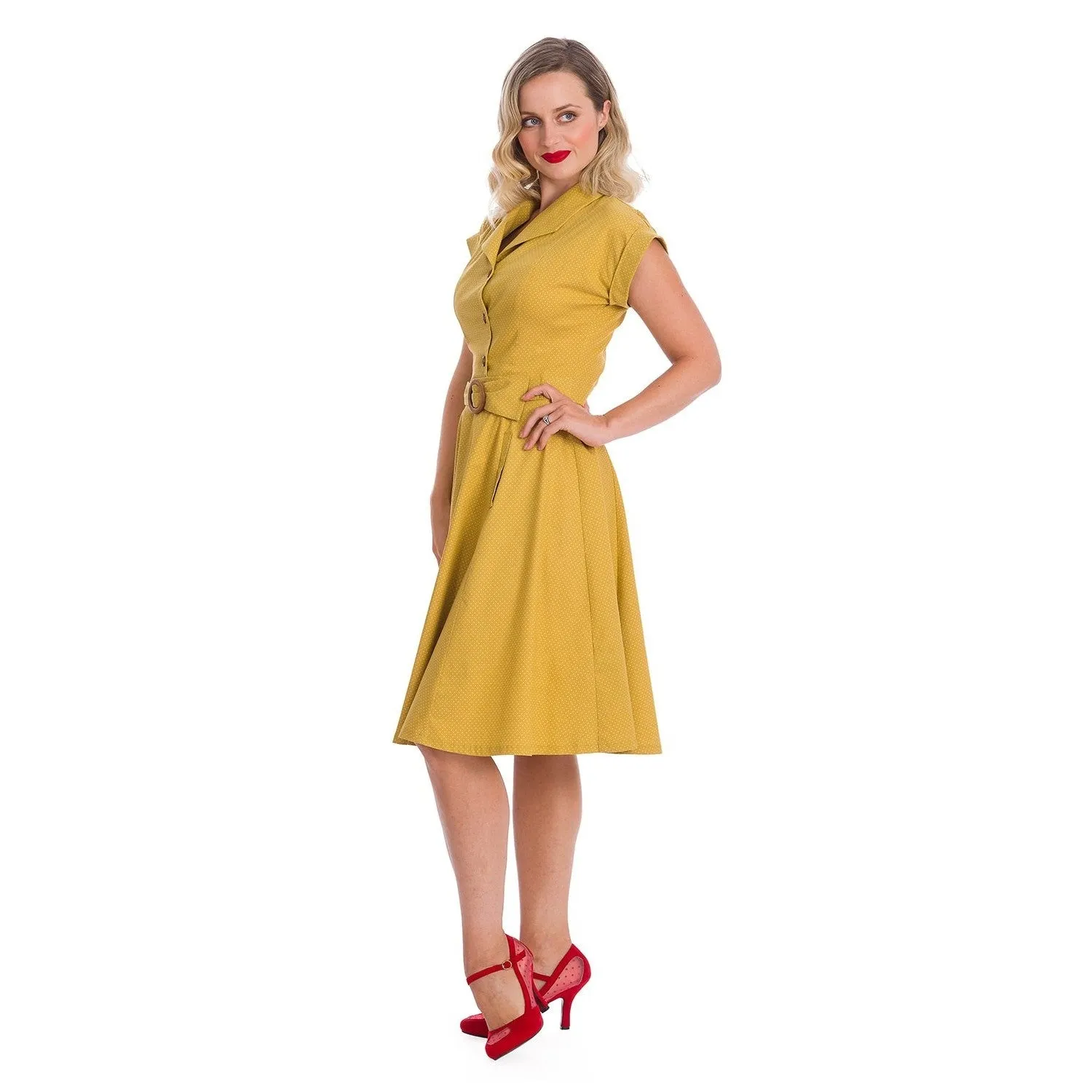 Mustard Yellow Polka Dot Fit & Flare Cap Sleeve Tea Dress