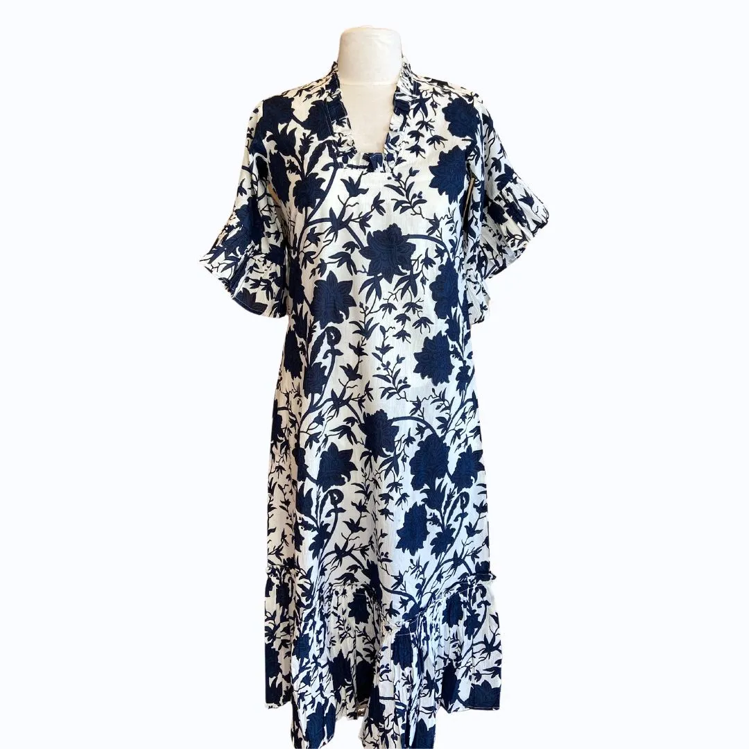 Navy & White Floral Flutter Sleeve Dress