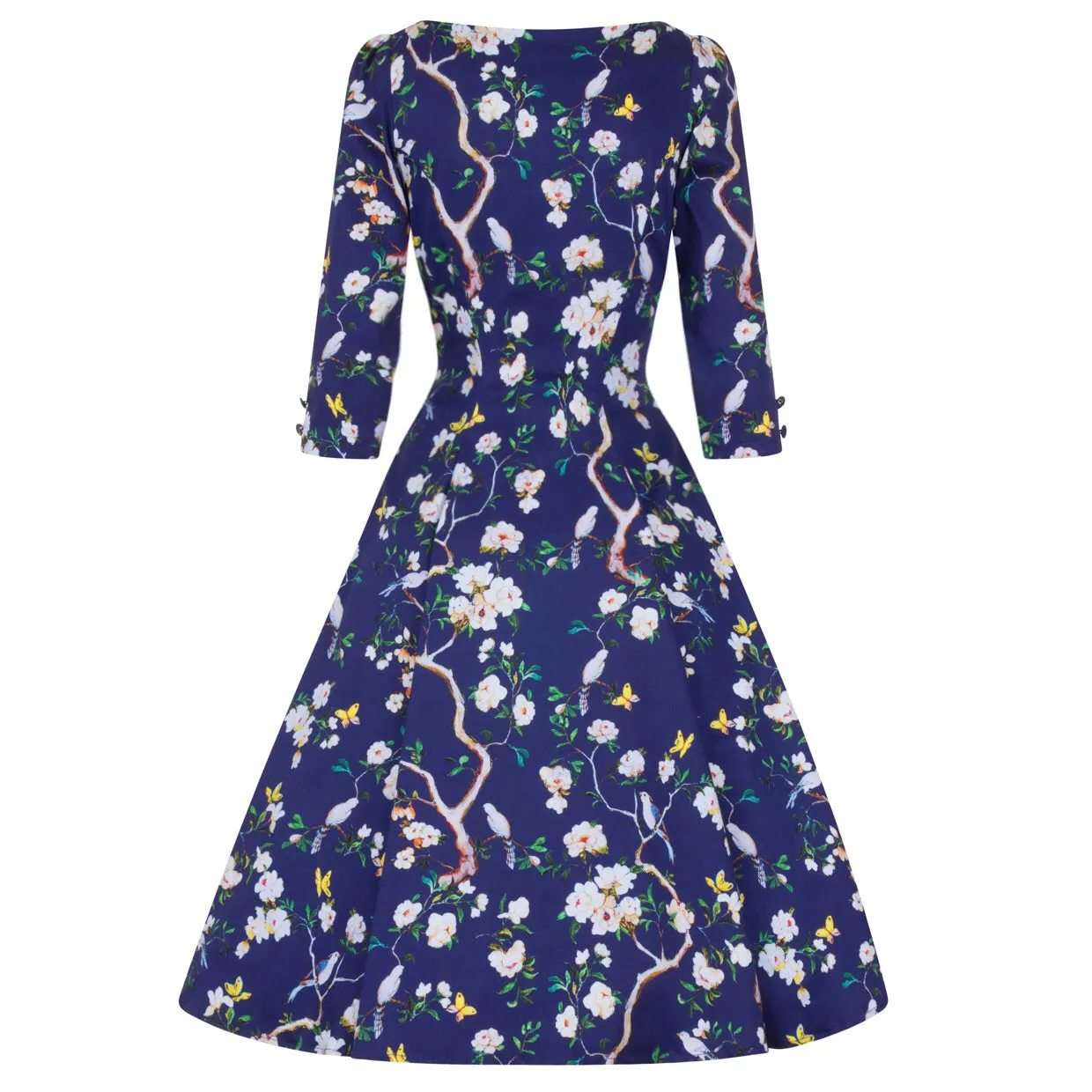 Navy Blue Bird and Floral Print 3/4 Sleeve 50s Swing Dress