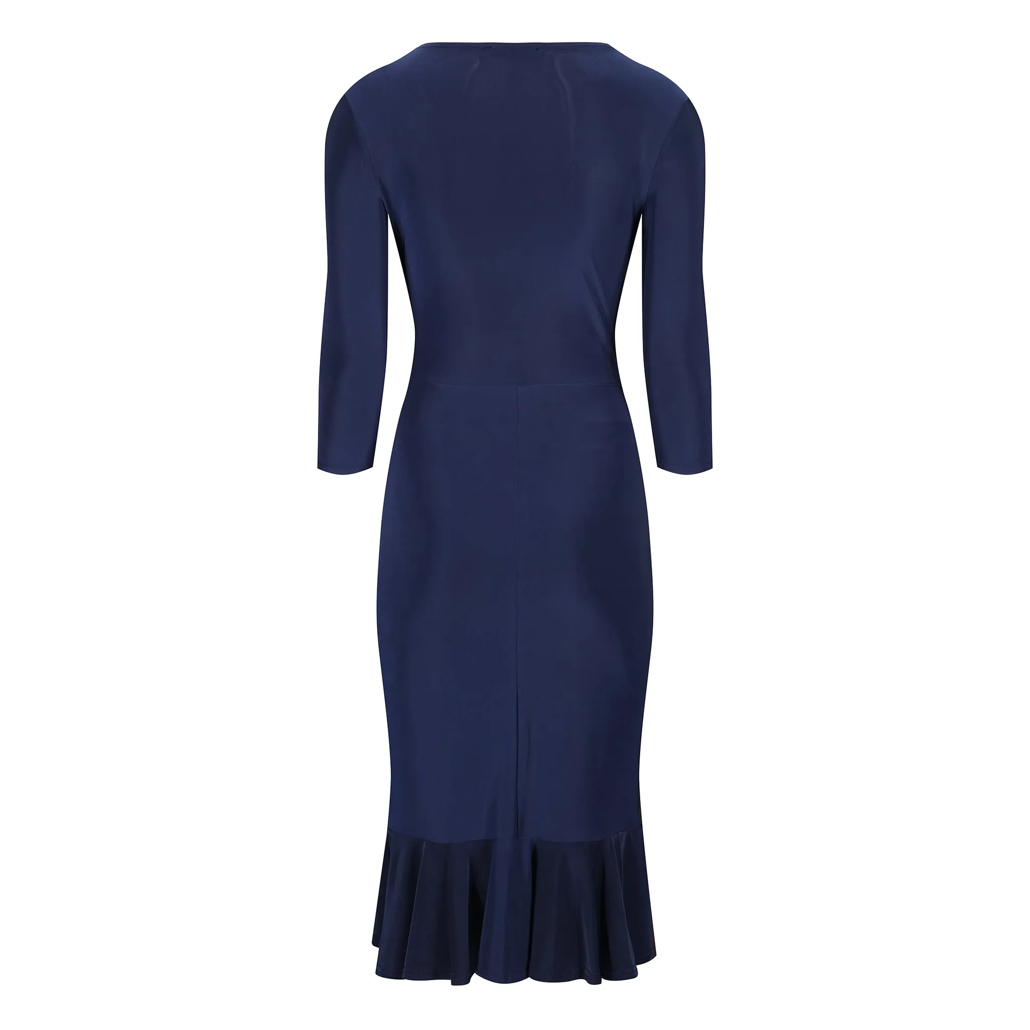 Navy Blue Wrap Effect Cocktail Dress w/ Waterfall Peplum Hem & 3/4 Sleeves