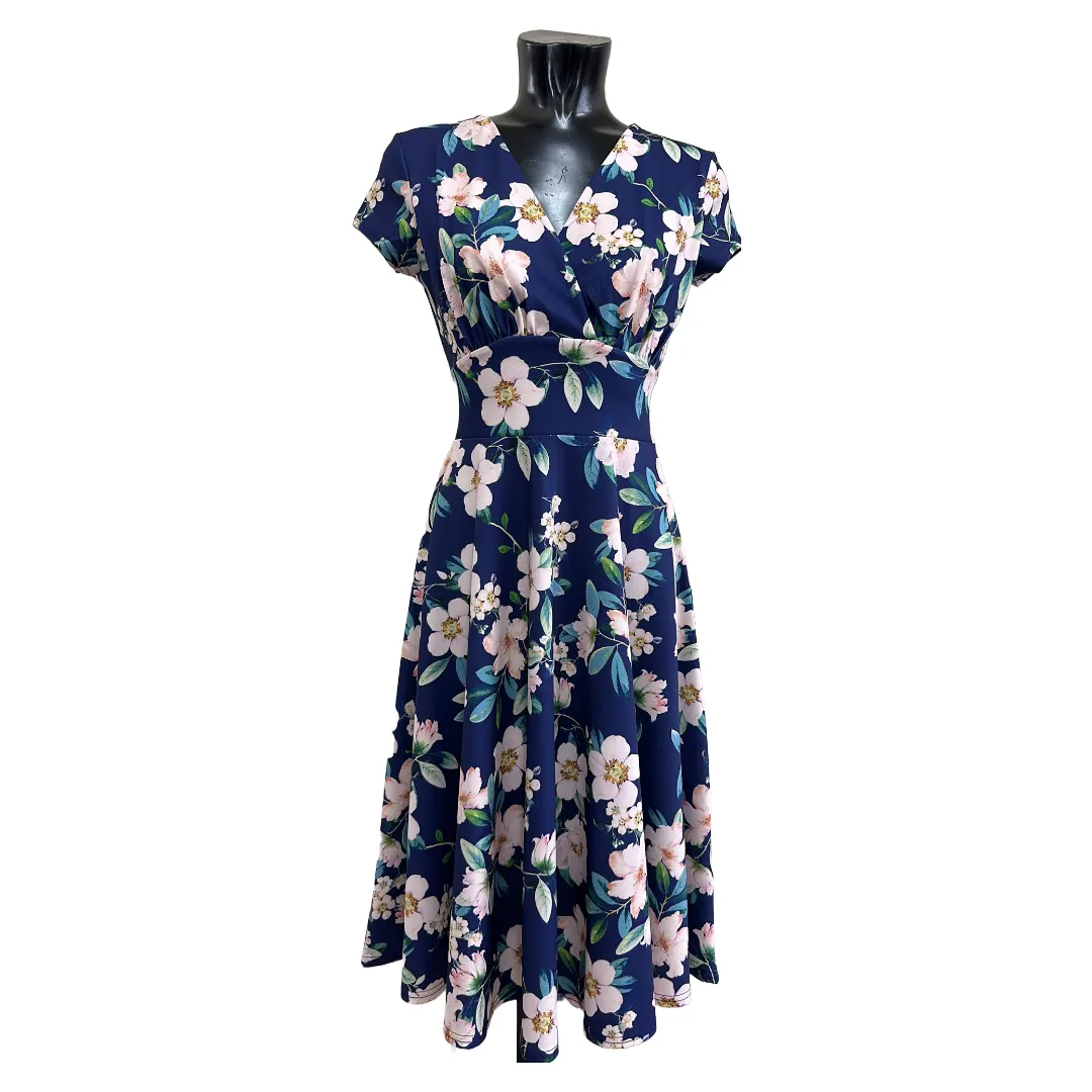 Navy Floral Vintage A Line Crossover Capped Sleeve Tea Swing Dress