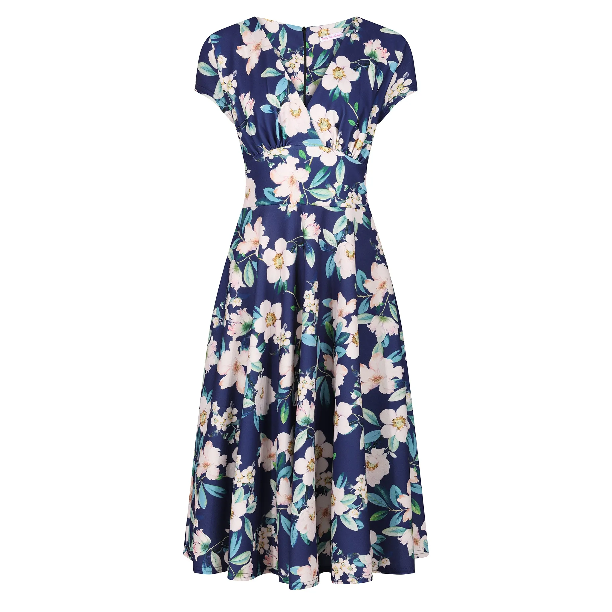 Navy Floral Vintage A Line Crossover Capped Sleeve Tea Swing Dress