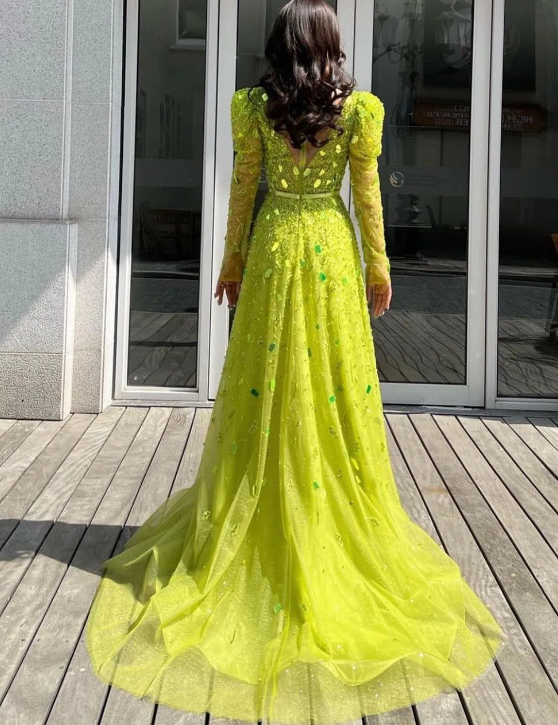 Neon Yellow Red Carpet Luxury Evening Dress